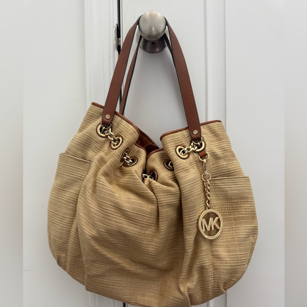 Michael Kors Canvas Tote Bag - Shoulder Purse - Leather Trim